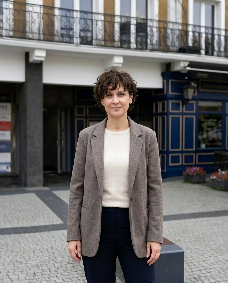 Elżbieta Żornaciuk-Lica przed budynkiem gabinetu przy ul. Jaśkowa Dolina, w szarej marynarce i jasnym swetrze